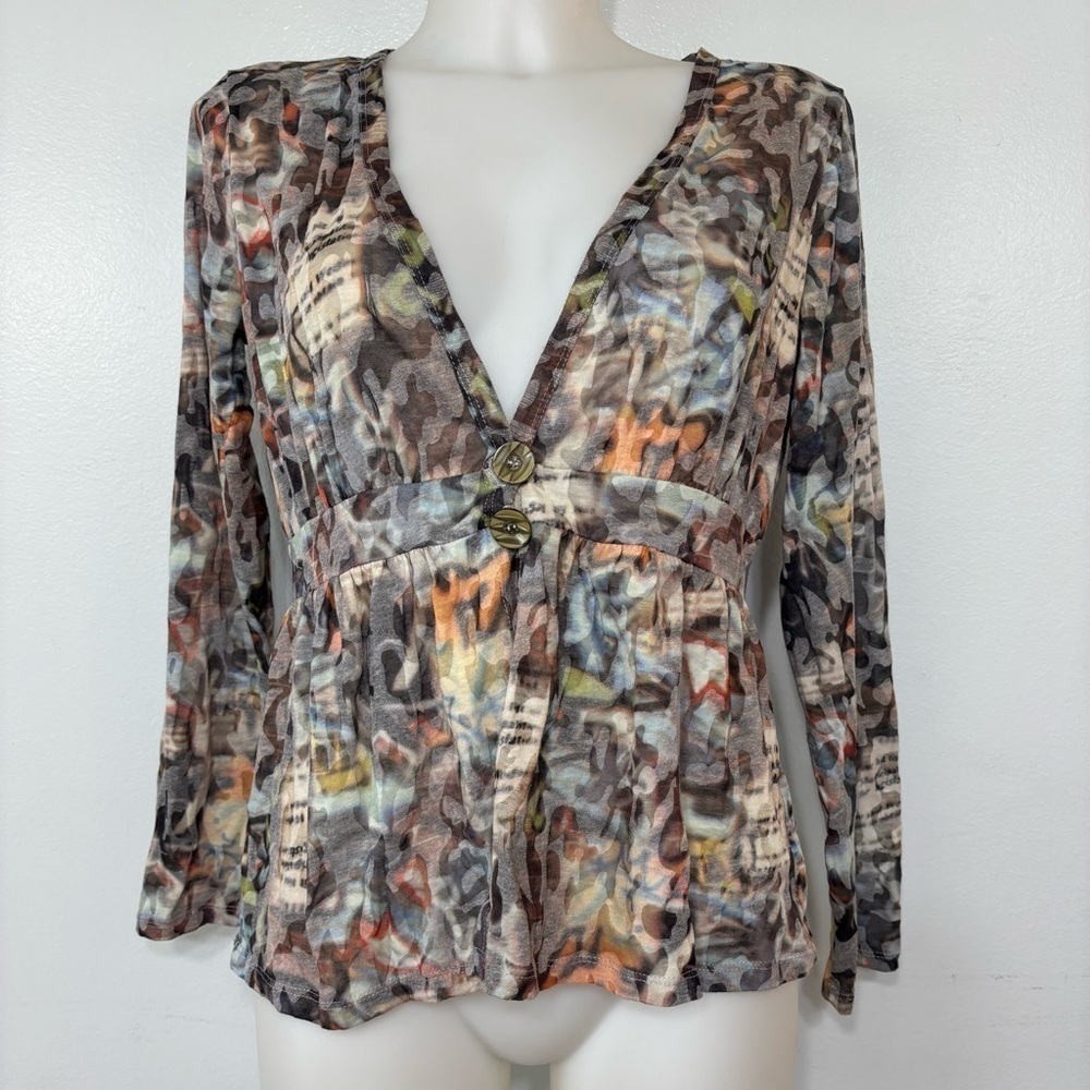 ETHYL Multi Color Funky Abstract Leopard Print 2 Button Blouse Size S